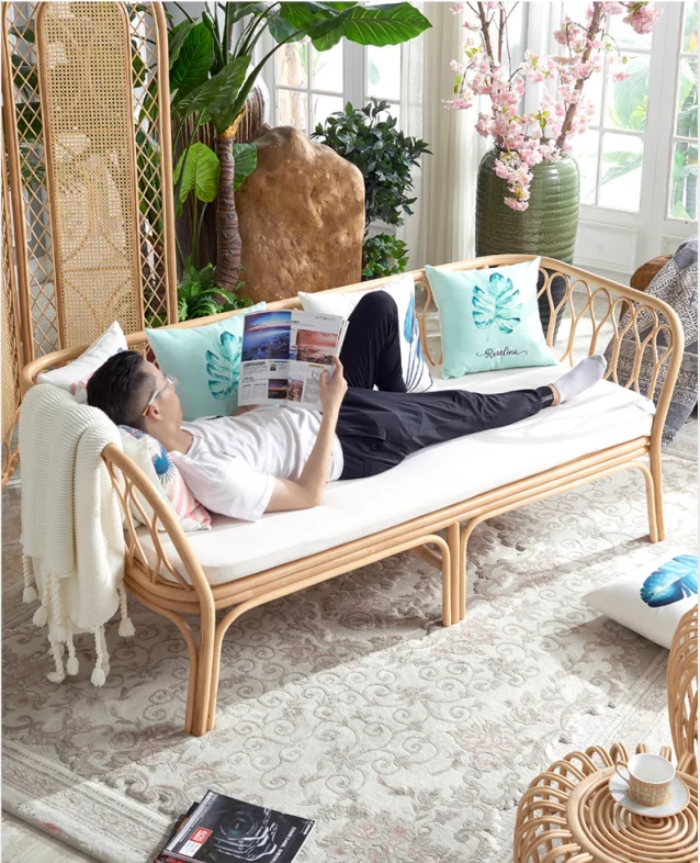 Modern cane webbing sofa living room furniture natural rattan handmade wicker 3-seater sofa