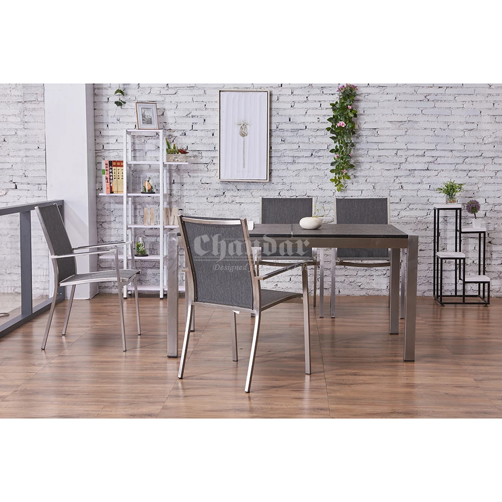 Luxury Inlay Structure Anti-Corrosion Aluminum Slat Armrest Design Stainless Steel Base Dining Room Furniture Table Set Lounge