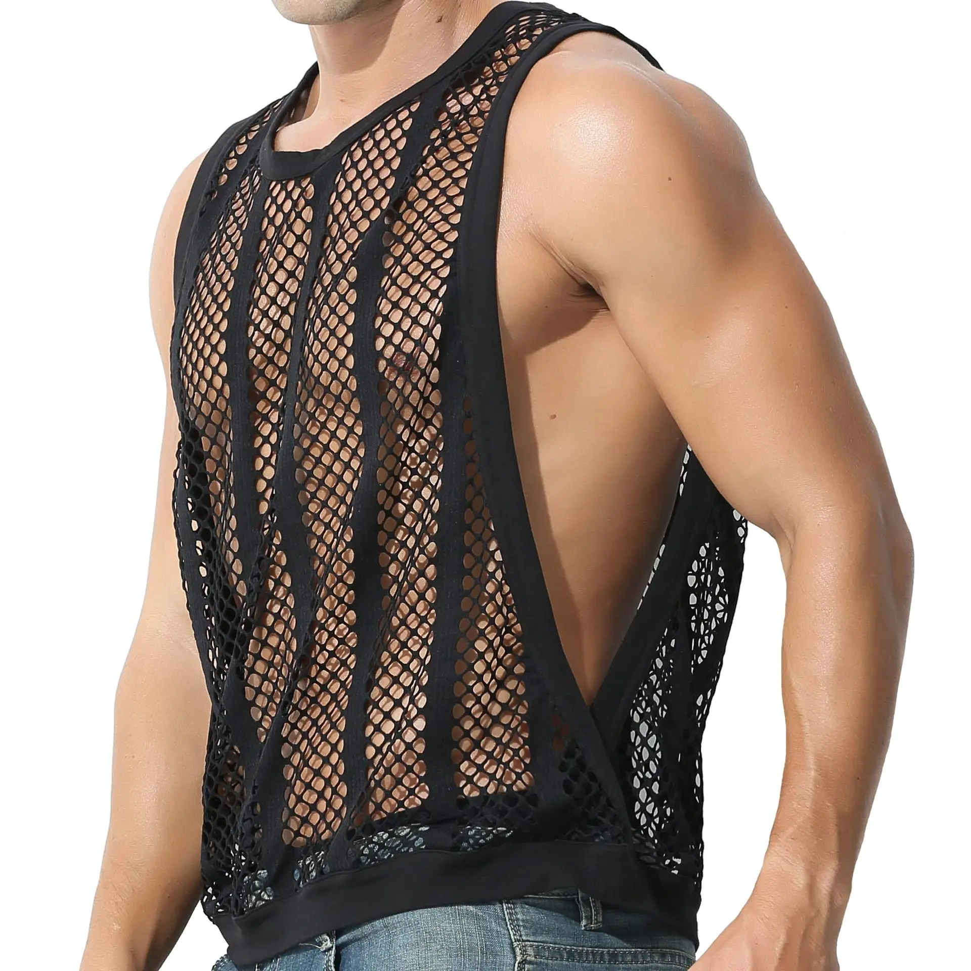King Mcgreen Star Mesh Transparent O Neck Sleeveless Summer Male Vests Streetwear Sexy