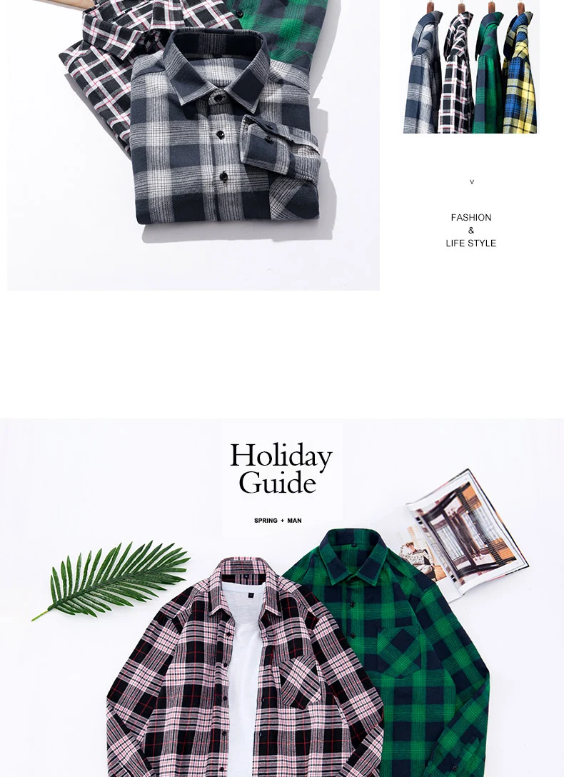 2024 Classic Men Flannel Plaid Shirts Male Brand Clothing High Quality 100% Cotton Casual Long Sleeve Shirts