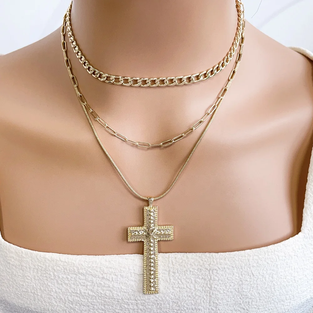 Jewelry wholesale custom big cross necklace fashion multi layer 18k gold plated pendant necklace for women
