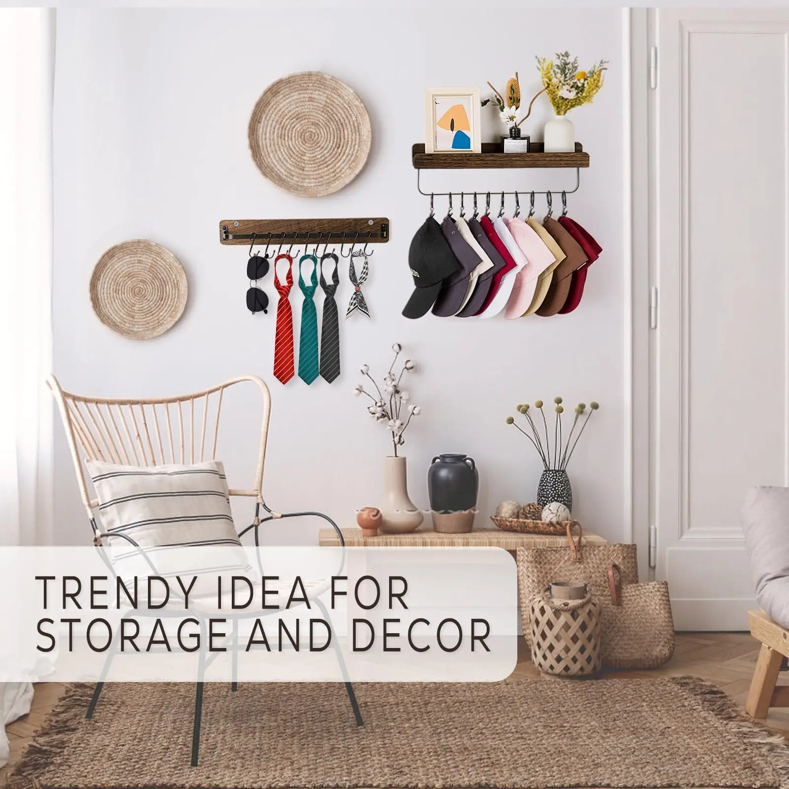 Ikass Floating Wood display storage shelves Wood Wall Mounted Shelves with Hanging Hooks for Bathroom Bedroom Living Room