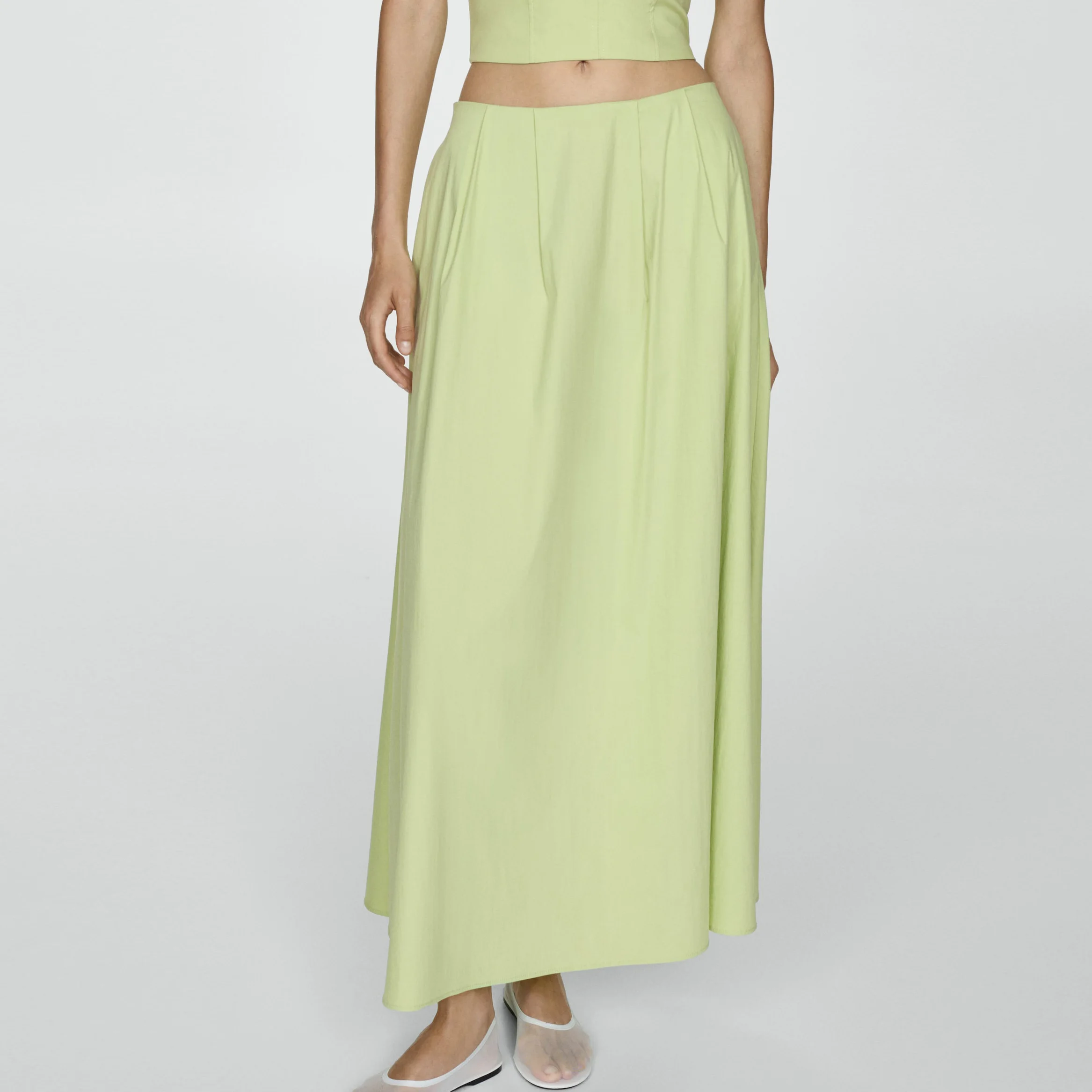 Custom Casual Green Pleated High Waist Long Flare Skirt For Women