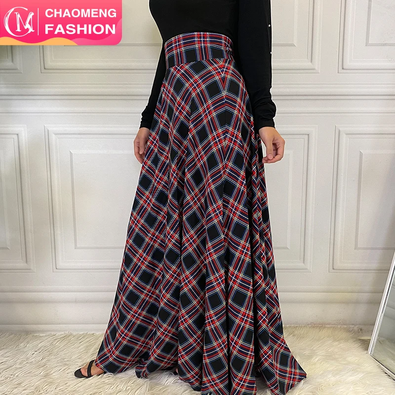 3052# Newest fashion design printed high waist flared muslim long maxi skirt for modest women