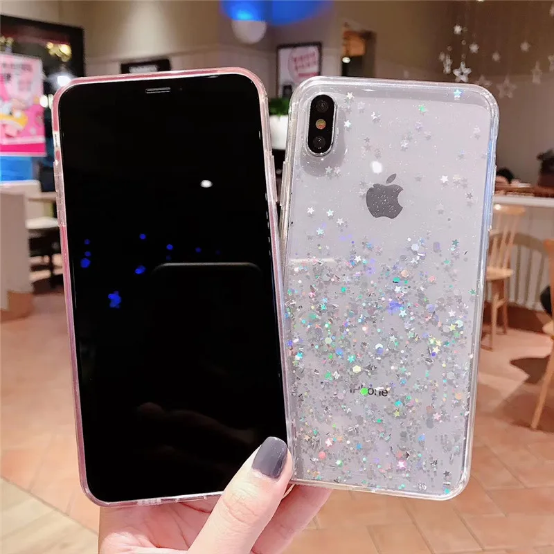 Роскошный блестящий чехол с блестками и звездами для iPhone 11 Pro XS MAX XR X прозрачный силиконовый iphone 8 7 6 6S
