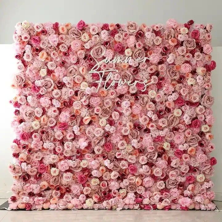 ZHANGJIAJIE SUMMER FLOWER Wholesale Artificial Silk Pink Decoration Roll Up Flower Wall Backdrop