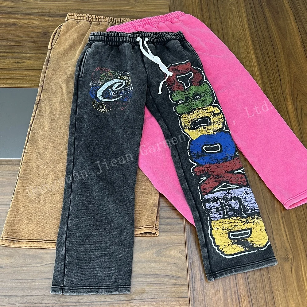 Custom Drawstring Waist Loose Wide Leg Stacked Joggers Flare Sweat Pants Print Acid Wash Sweatpants For Men