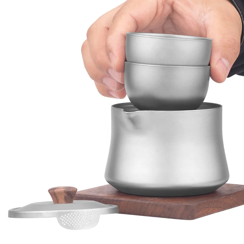 Double Walled Titanium Gaiwan Kung Fu Tea Set and Saucer Chinese Traditional Teacup w Cover Portable Tureen for Camping