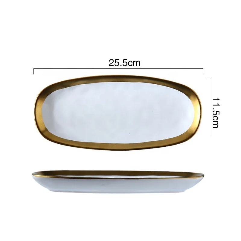10 Inch Porcelain Oval Plate Modern Theme Pure Color with Gilt Style Snacks Noodle Side Dishes Breakfast steak platter