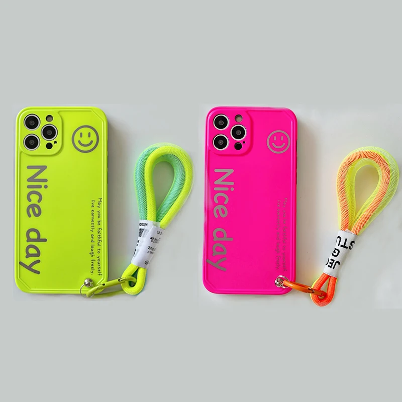 INS Smiley Fluorescence Lanyard Hand Strap Lanyard Phone Case For iPhone 11 12 13 Pro Max XS X 8 7 Plus SE 20 Soft Silicon Cover