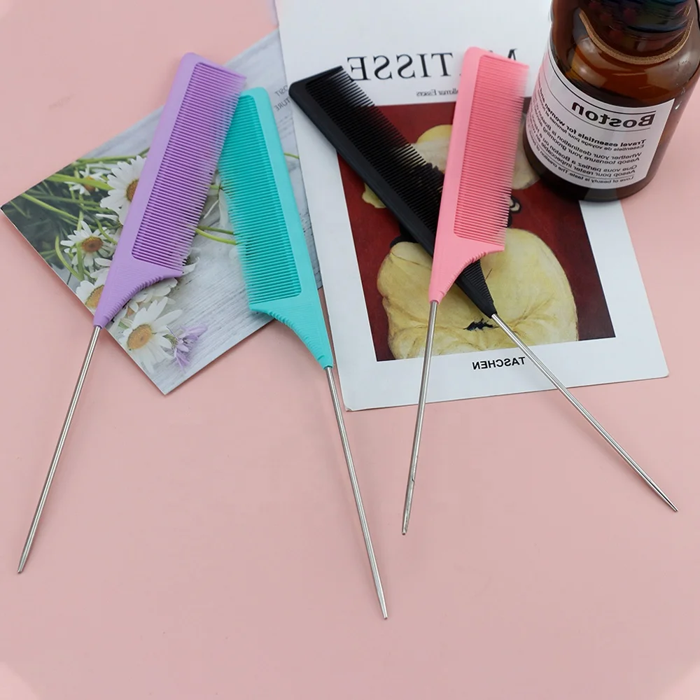 5 Colors Rat Tail Comb Steel Pin Rat Tail Carbon Fiber Heat Resistant Teasing Combs