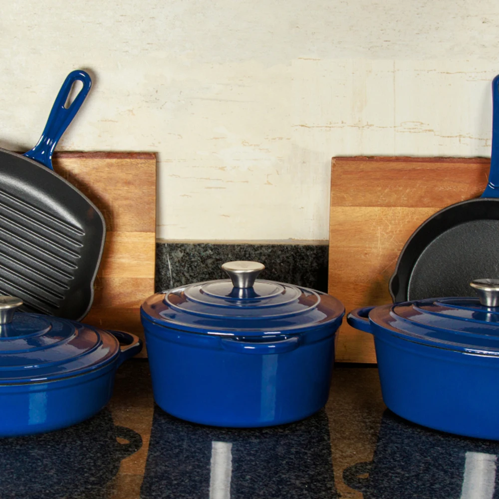 Bright Houseware OEM Custom Hot Selling 24cm Dutch Oven with Lid Non Stick Square Grill Pan Blue Enamel Cast Iron Cookware Set