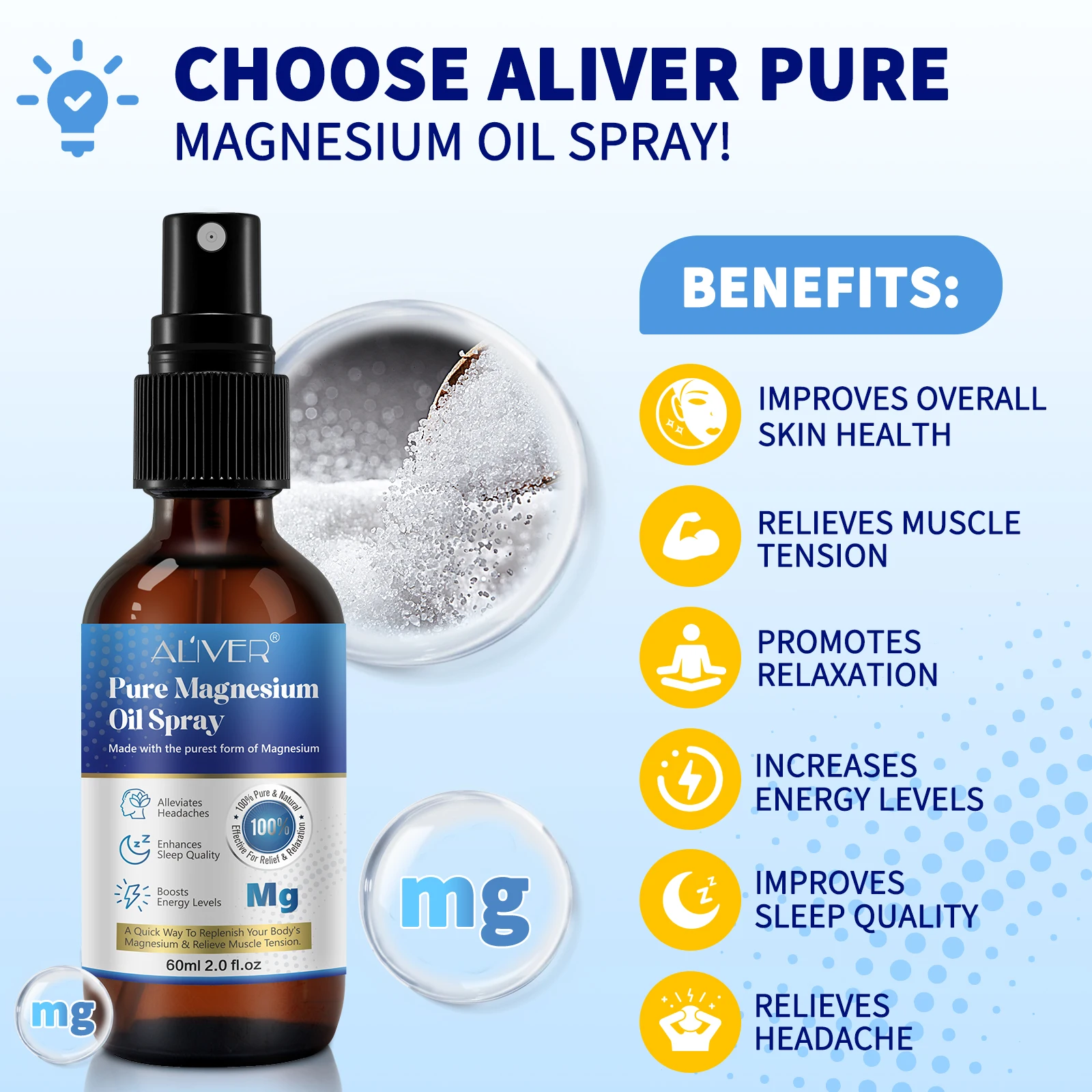 100% Natural Enhances Sleep Quality Alleviates Headaches Boosts Energy Levels Pure Magnesium Oil Spray