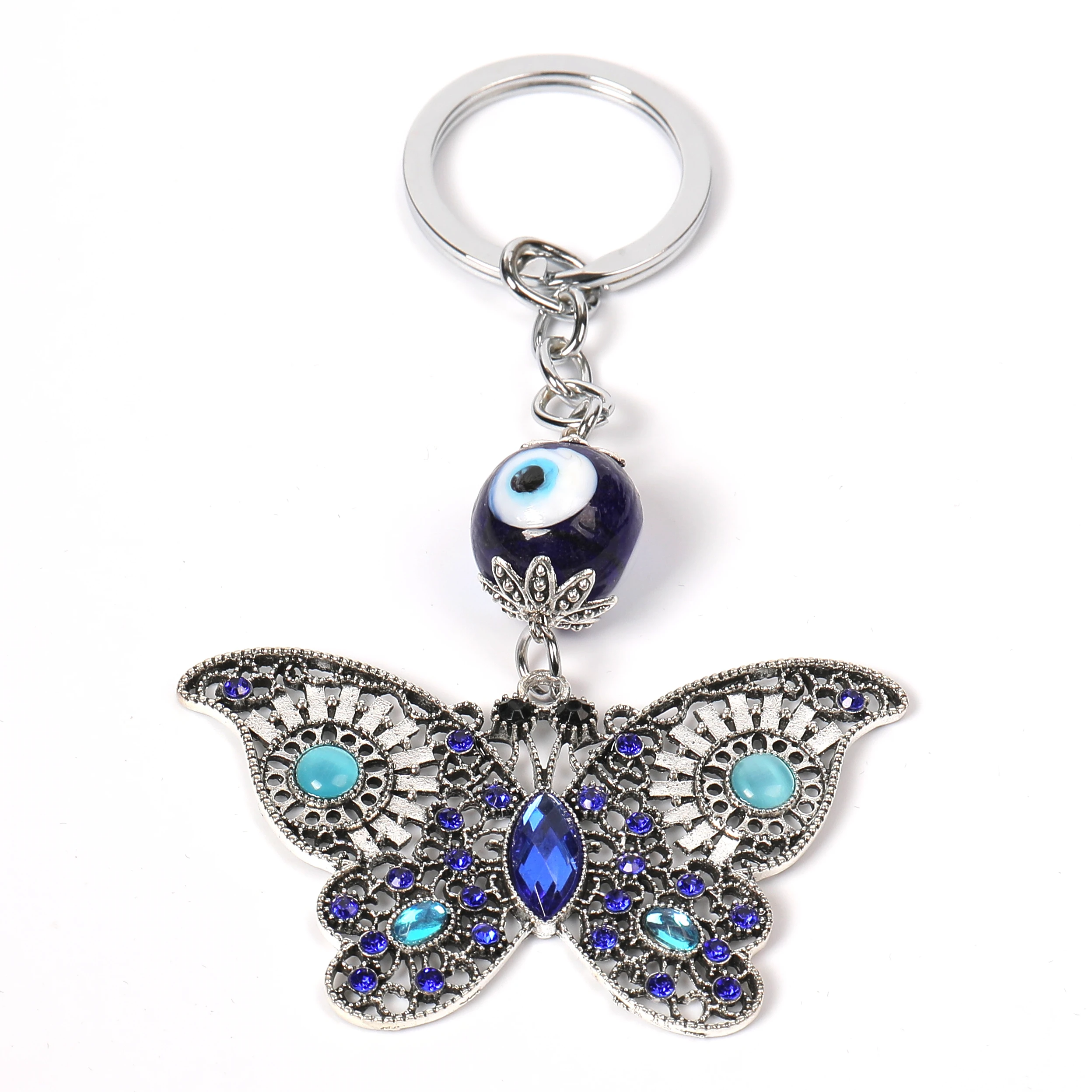 Vividly Antique Silver Butterfly Crystal Teal Blue stones on  Key Chain with Glass Evil Eye Beads