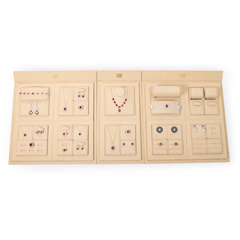 Jewelry Store Showcase Display Stand Pu Leather Velvet Microfiber Resin Jewelry Display Set Stand