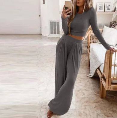 Amazon ebay hot sell casual homewear 2pcs long sleeve plus size women cloth waist leg lounge pajamas