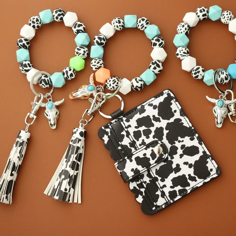 Western Cowboy Luminous Bracelet In Dark Cow Print Silicone Beads Wristlet Keychain With Tassel Perfect Gifts For Night Party
