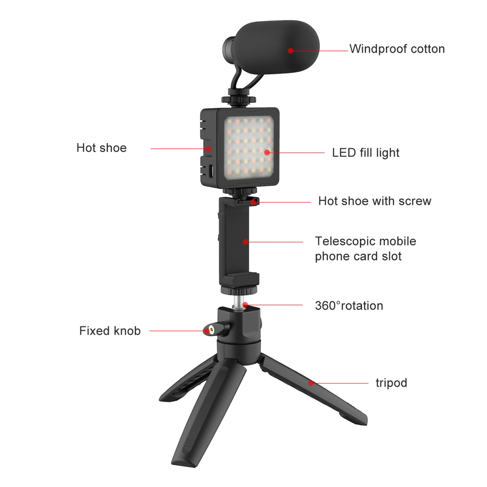 Flashoot видео микрофон Vlogging Kit с мини складной штатив стойка заполняющий светильник светодио дный для смартфонов
