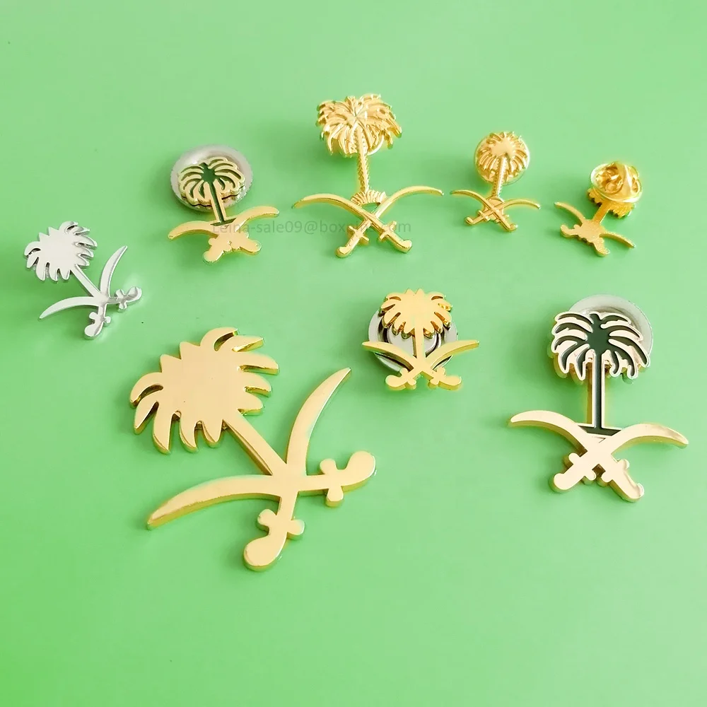 Stock Saudi Logo Gold Plated Double Swords and Palm Brooch Magnetic Metal Mobiles Sticker Adhesive pin