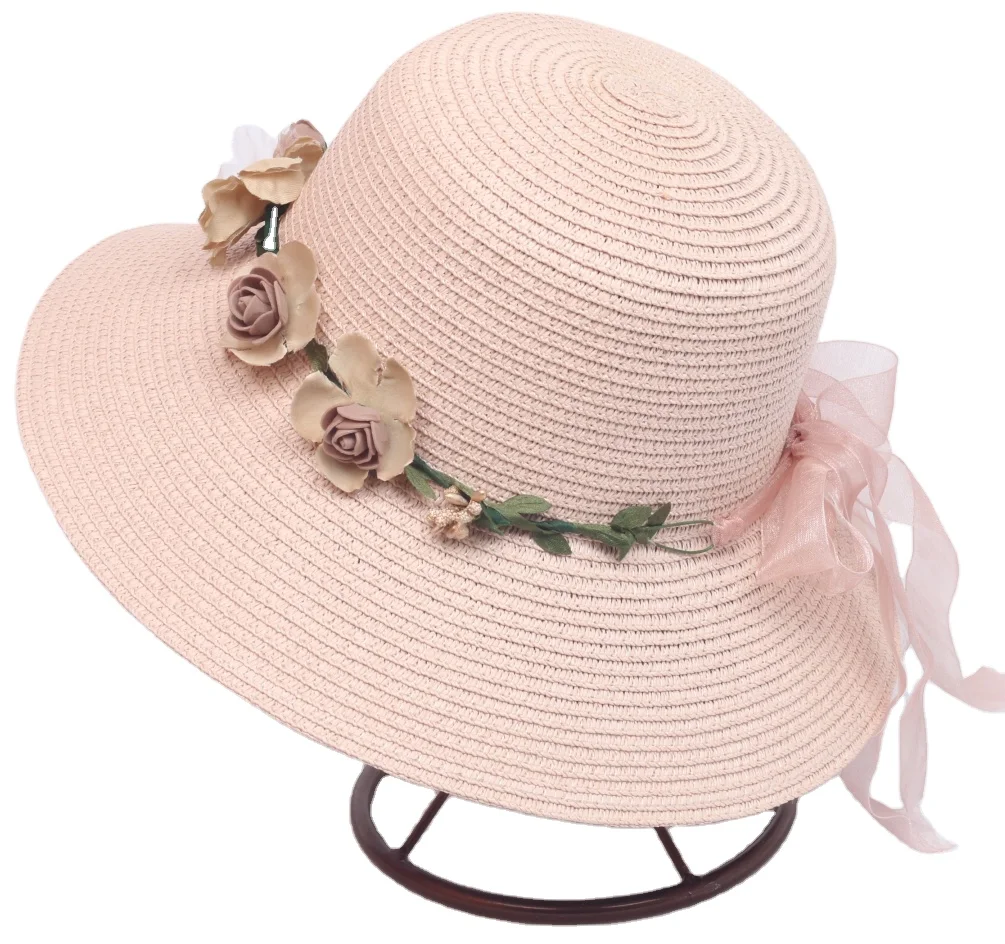 Lady Round Top Wide Brim Straw Hats UV Protection Plain Beach Straw Hats
