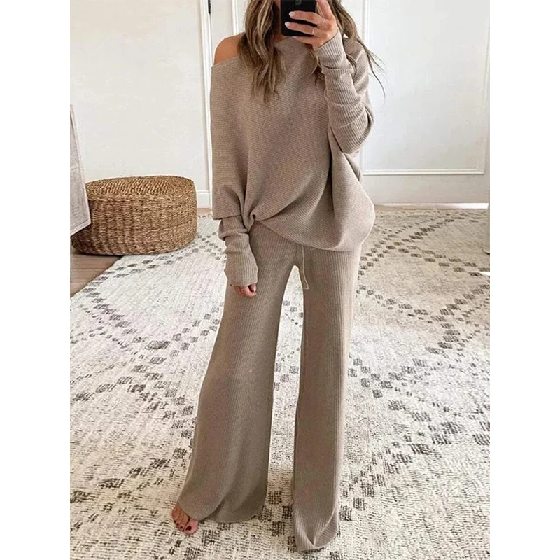 solid casual womens knit sweater two piece sets female knitwear long sleeve top loungewear 2023 casual sweater suits