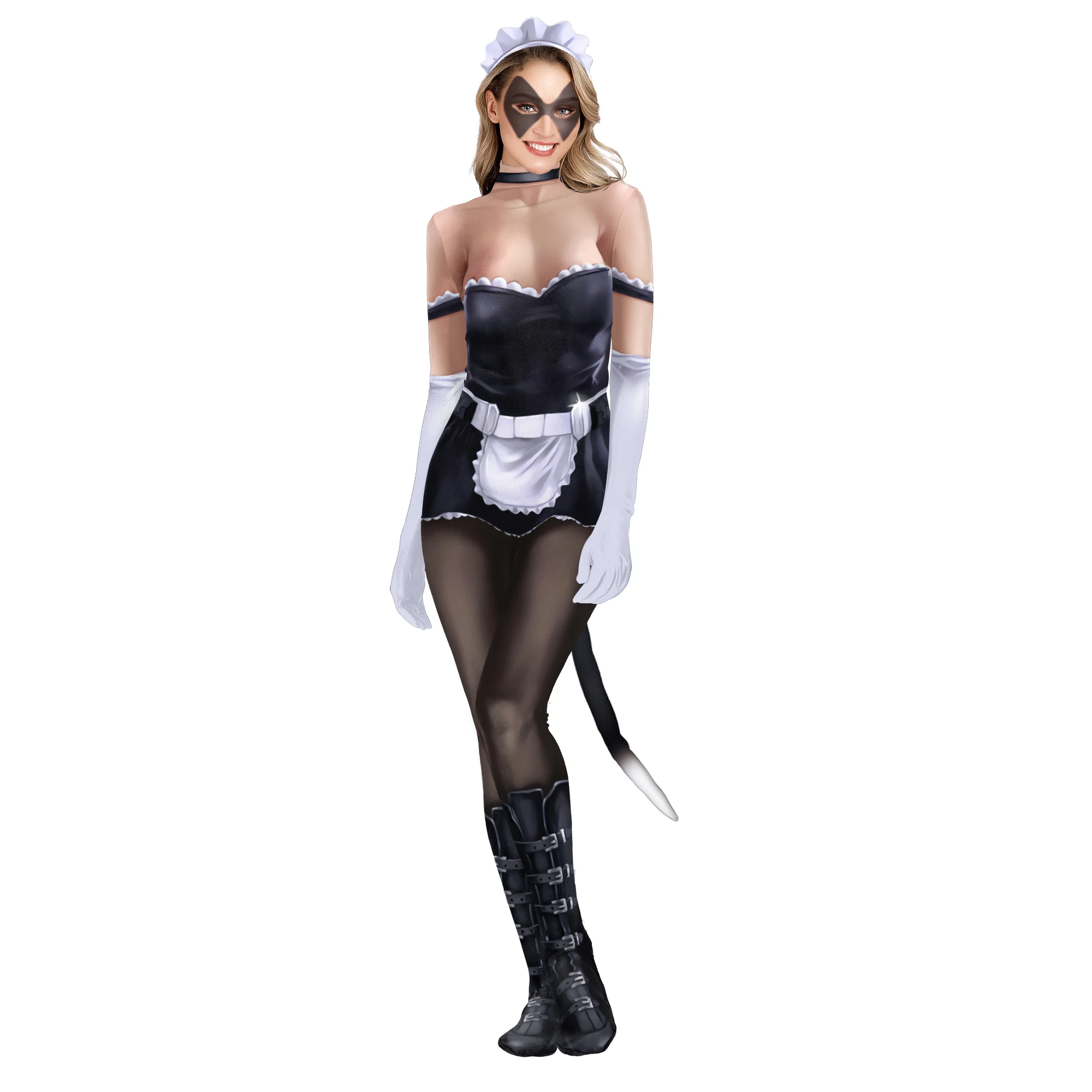 NADANBAO Brand new arrival maid outfit printed mesh jumpsuit sexy ladies bodysuit tight polyester cosplay catsuit women