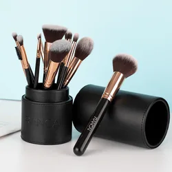 Wholesale Nylon Wooden Handle Portable Makeup Brush Set Custom Logo Luxury Vegan Black Makeup Brushes With Case