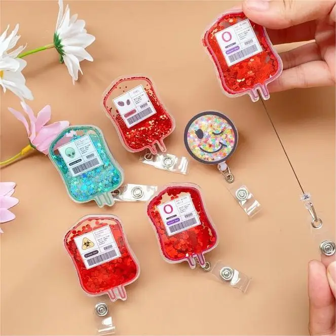Shaker Badge Reel Blood Bag Badge Reel Acrylic Glitter Badge Reel Retractable Novelty Nurse Doctor Gift