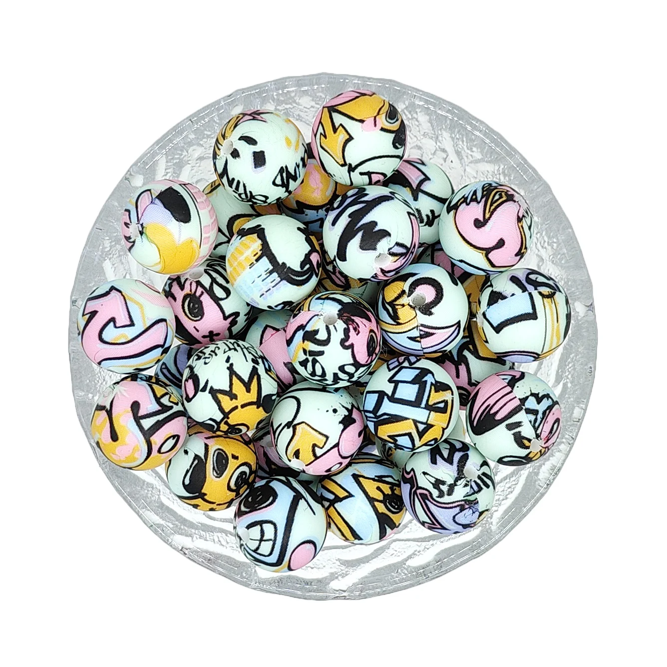 15mm Round Print Silicone Beads DIY Necklace Beaded Charm Pen Making Baby Teething Loose Beads