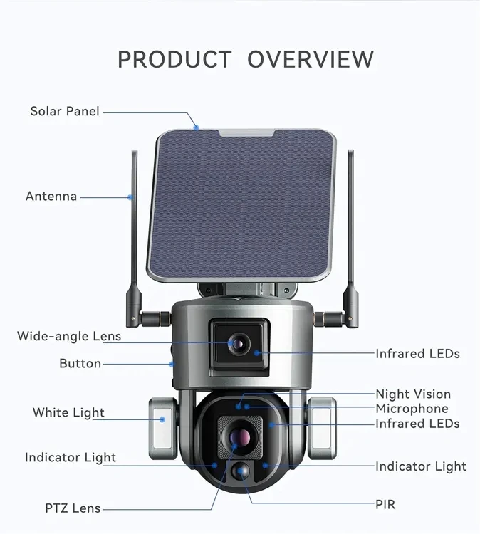 Outdoor IP66 Waterproof 4G Sim Card Wifi Dome Lens Cctv Ptz Full HD 8MP Solar Panel Battery Camera