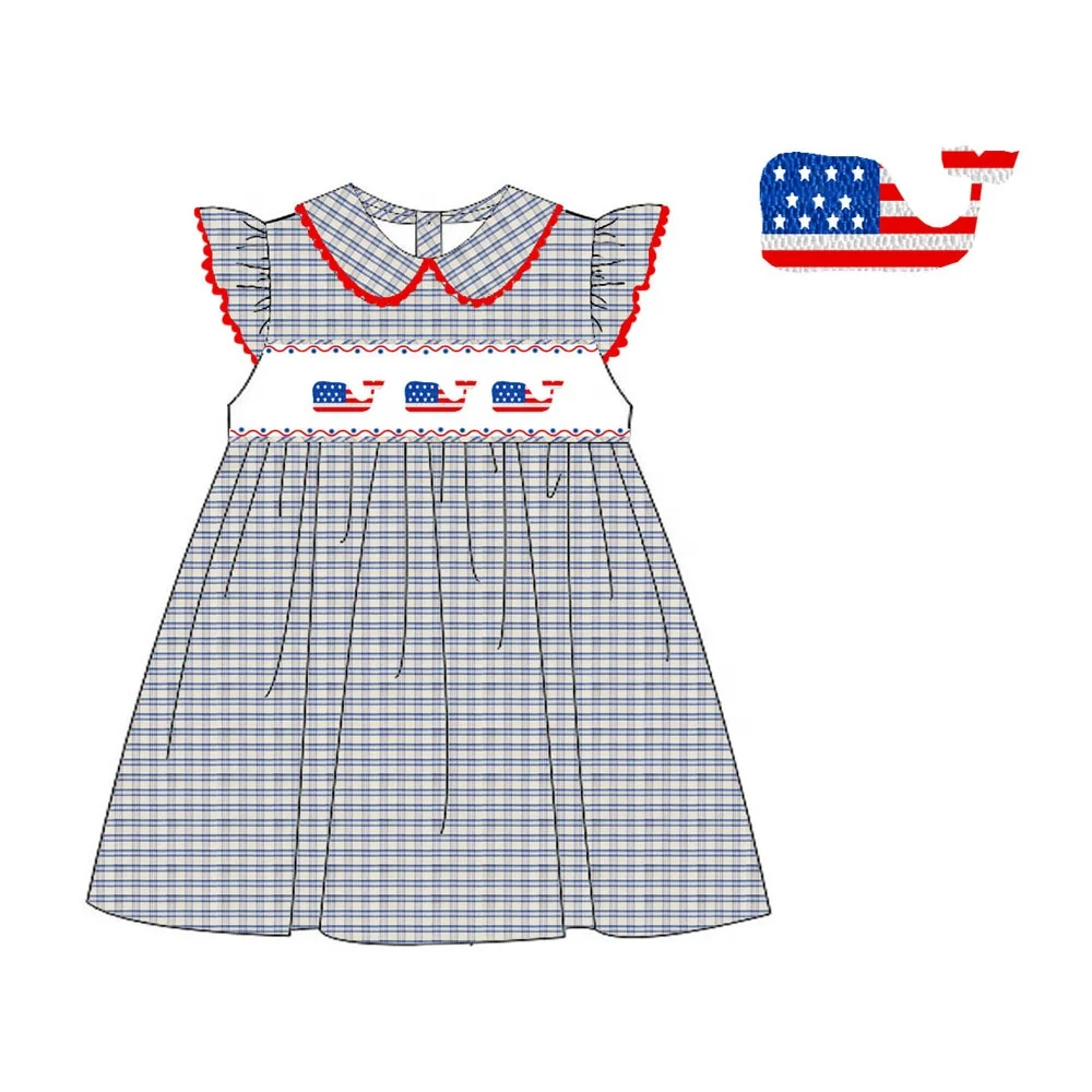 4th July Whale American Flag Print Patriotic Baby Dress Girls aged 7 9 Years Blue Windowpane Smocked Style Summer Cotton Parties