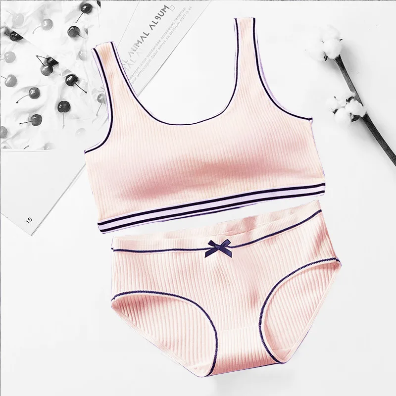 8-16Years New Stripe Teenager Girl Training Bra Set with Cute Bow Wireless Teen Girls Bra and Panty Cotton Underwear Set