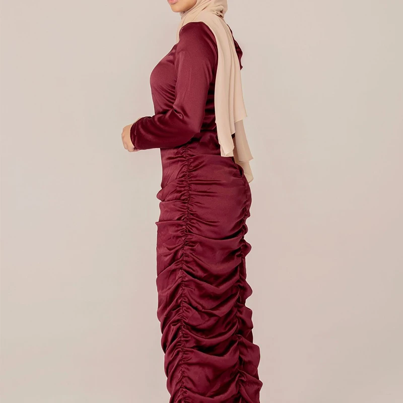 Wholesale Fashion Solid Maxi Dress for Women Eid 2023 Long Sleeve Slim Waist Mermaid Arabic Oman Muslim Clothes With Ruffle