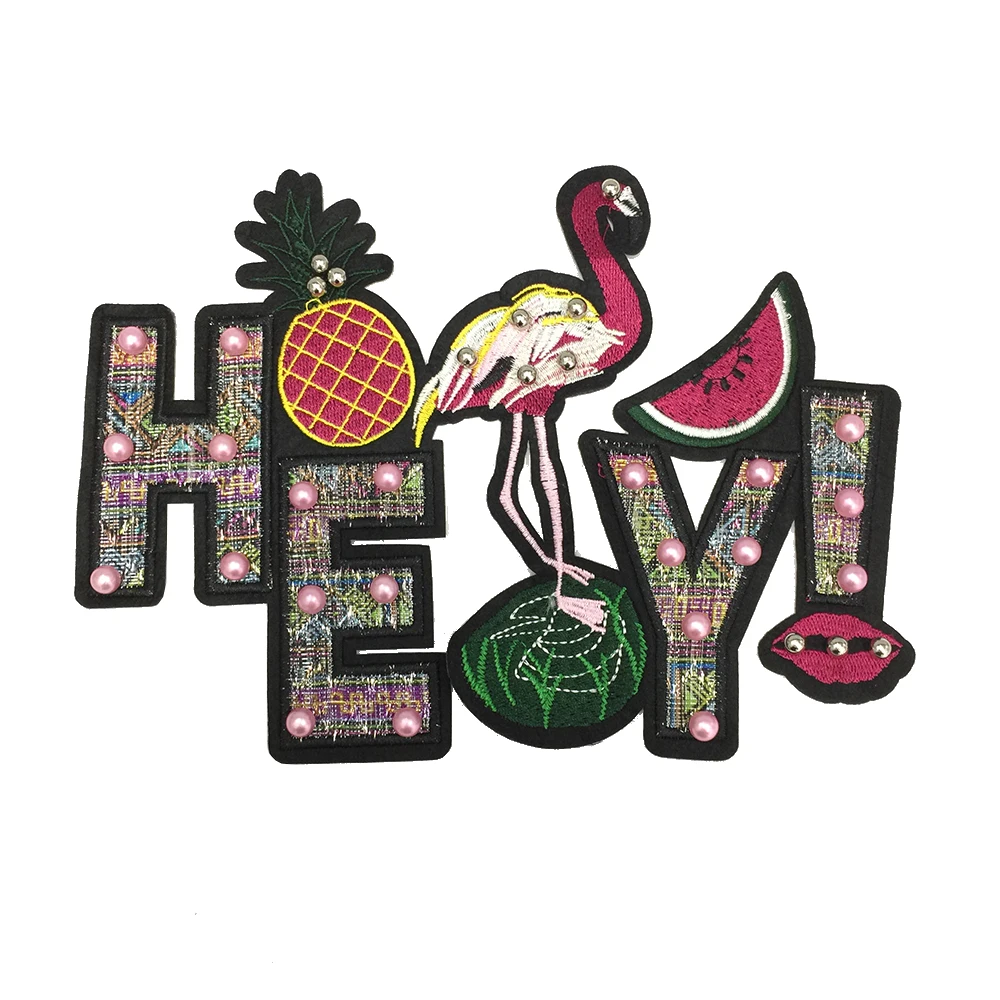 High Quality Iron On Flamingo Flower Pearls Handwork Sequins Embroidery Patches
