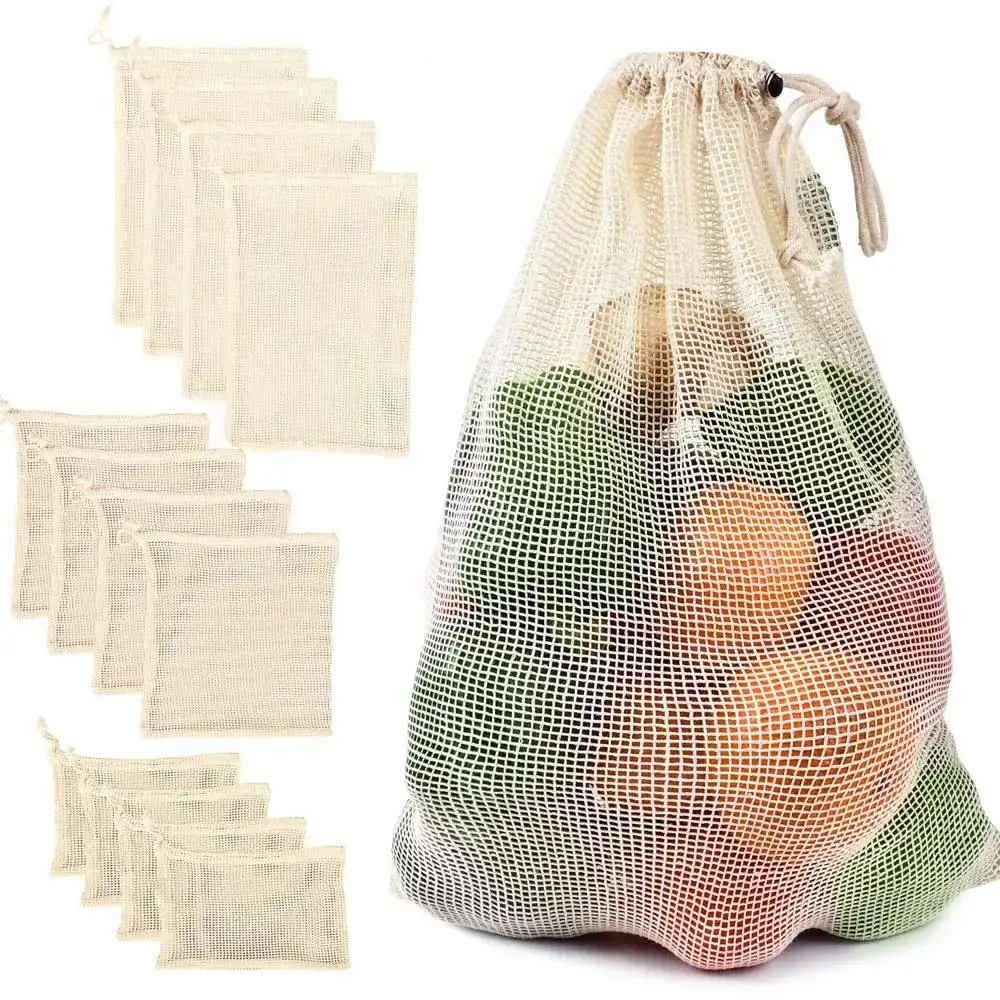 Cotton Mesh Bags with Drawstring for Fruit and Vegetables Storage Reusable Produce Net Mesh Drawstring Bag for Grocery