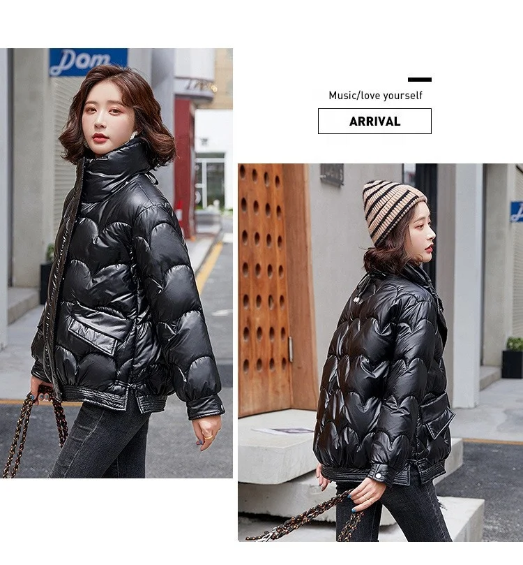 Pink Metallic Jacket Colorful Bright Face Long Sleeve Full-Zip Winter Coats with Pocket Button Bread Parkas Women Bubble Jacket