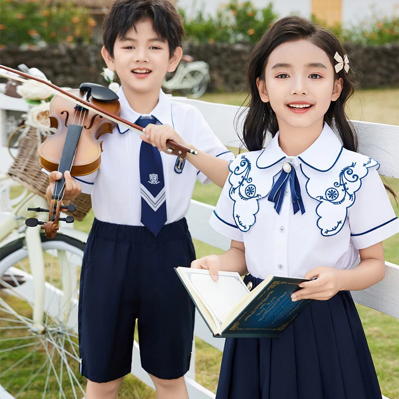 custom your own design two piece short sleeve boy white shirt short set kids girl pleated skirt Chinese style school uniform