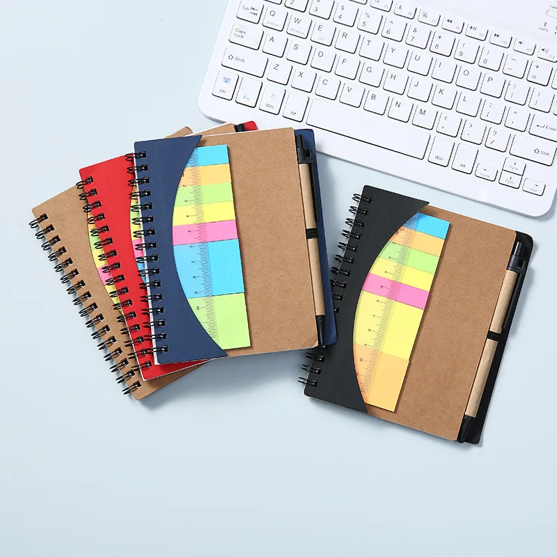 JX1682 Promotional Personalized Custom Logo Kraft Cover Daily Spiral Notebook Memo Sticky Notepad With Pen
