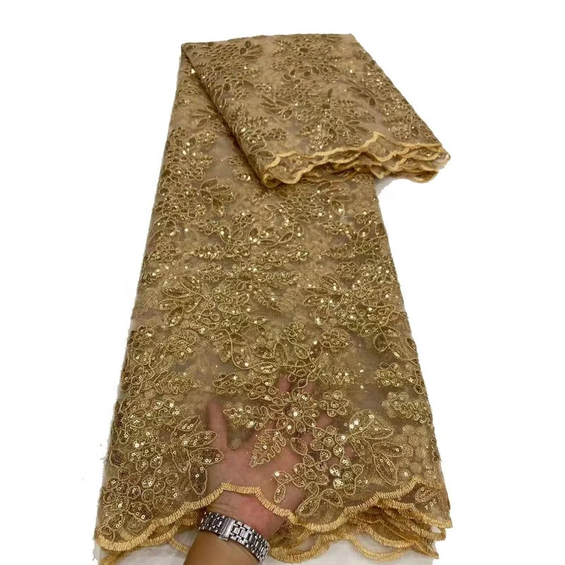 2021 Latest Sequins embroidery french lace designs nigeria net lace fabrics gold african lace fabric