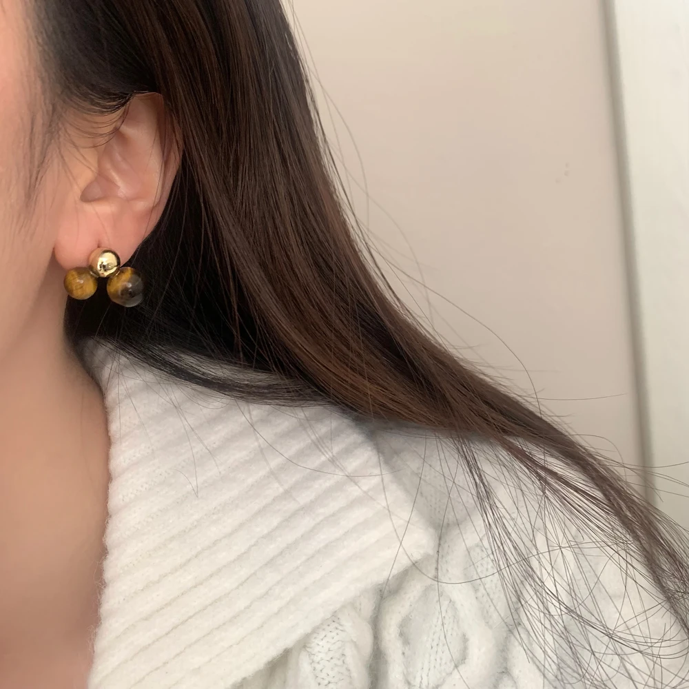 Vershal A-46 Natural Stone Tiger Eyes Luxury Jewelry 18K Gold Plated Geometric Sphere Ball Shape Stud Earrings