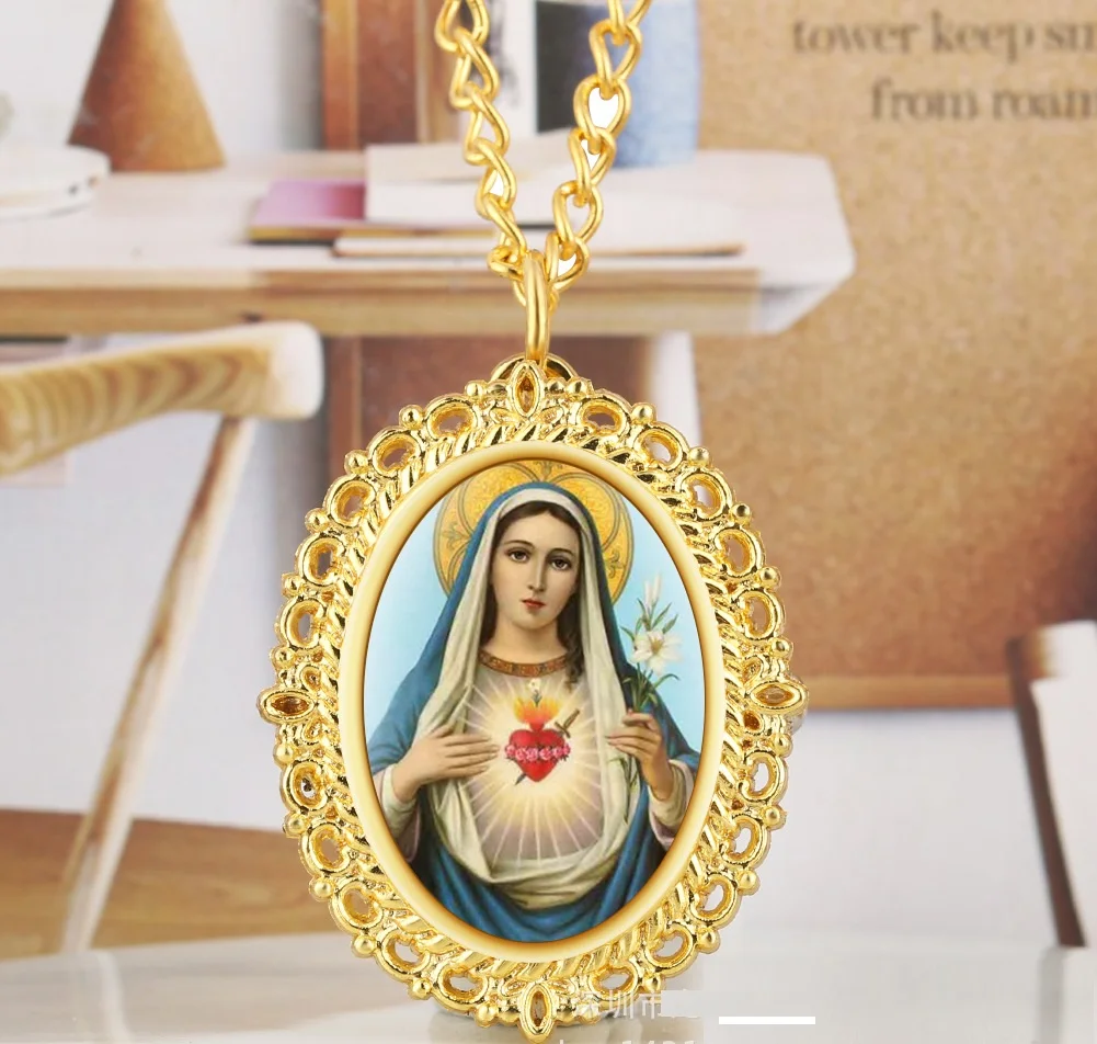 Gold Alloy Oval Madonna and Jesus DIY Patch Quartz Pocket Watch Ornaments Pendant with Chain Necklace Gift