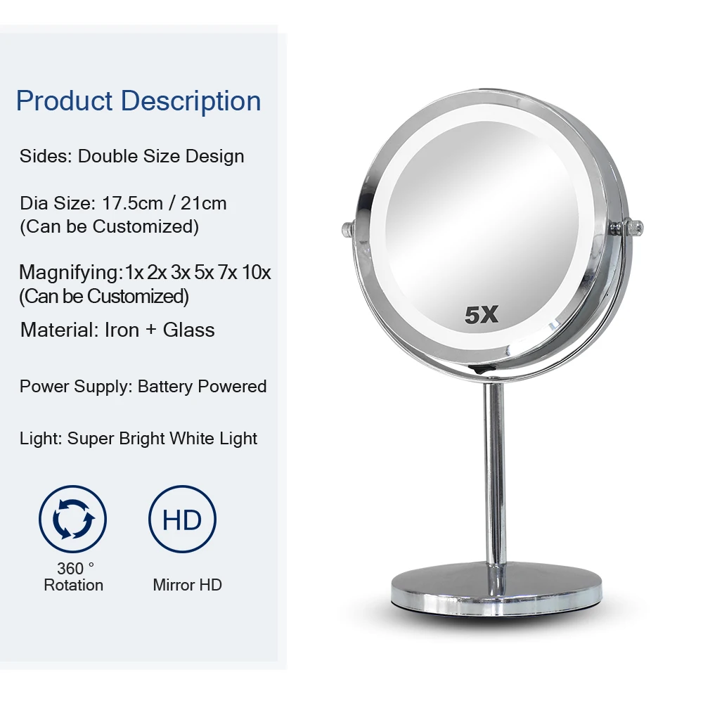 Free Magnifying 2X 3X 5X 7X 10X Standing Desktop led double side makeup mirror with Lights