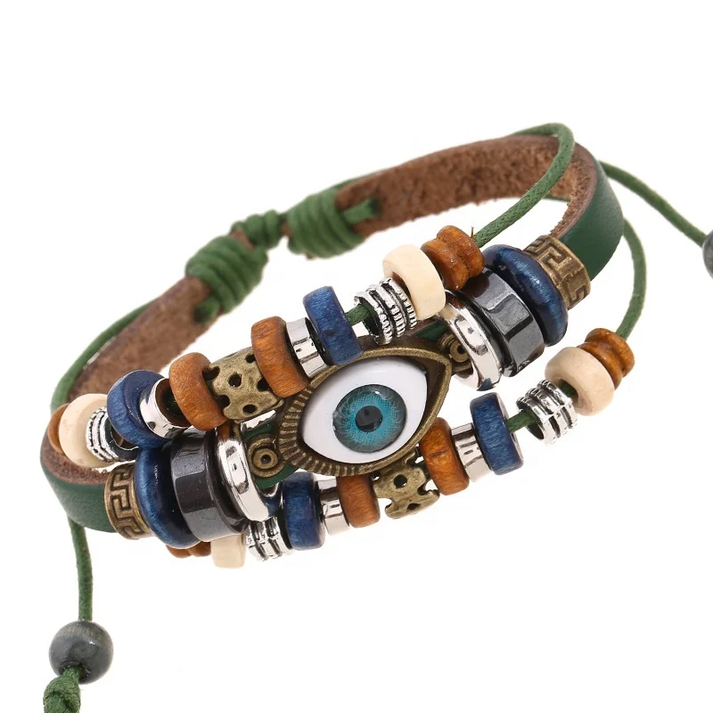New Design Wholesale Vintage Multilayer Beaded Eyes Leather Bracelet Hand Braided Men Women