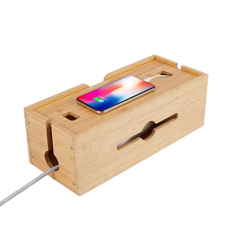 Bamboo Cable Management Box Stylish Cord Organizer Box for Conceal Power Strips Electrical Cords from TV Computer USB Hub