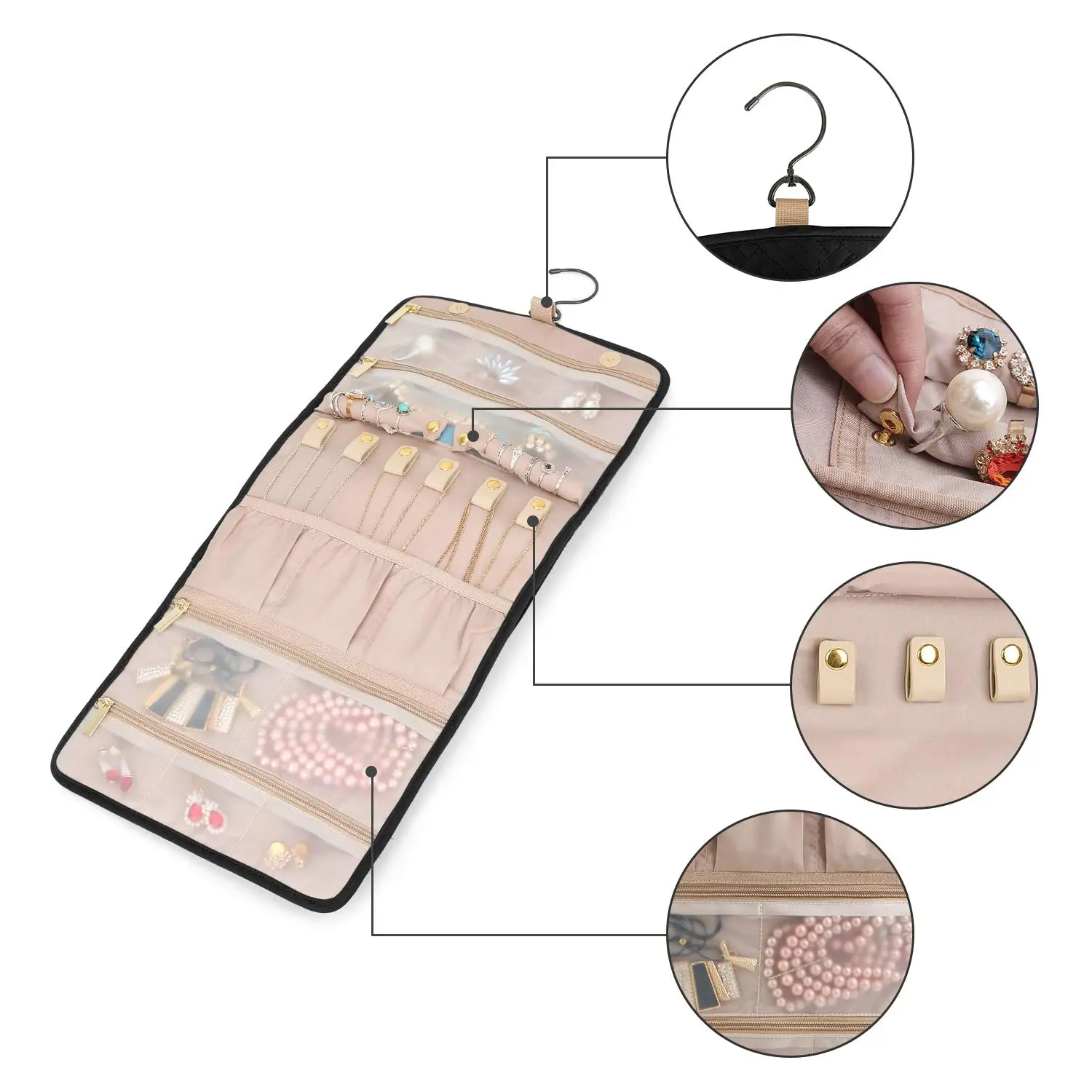 Travel Hanging Jewelry Organizer Case Foldable Jewelry Roll with Hanger for Journey-Rings, Necklaces, Bracelets, Earrings