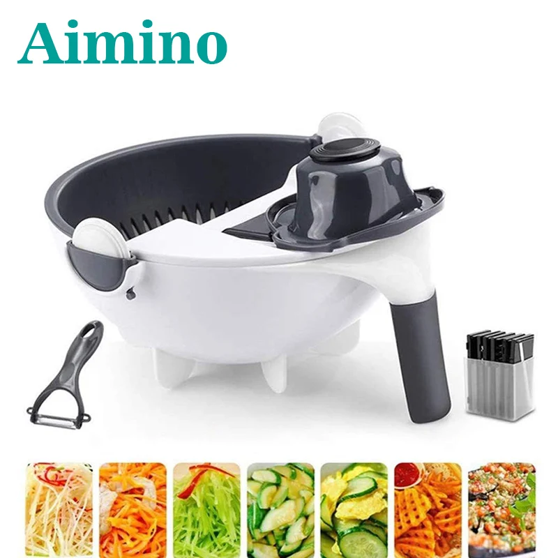 AIMINO RTS new upgrade 9 in 1 multifunction vegetable slicer with drain basket magic rotate vegetable cutter portable chopper gr