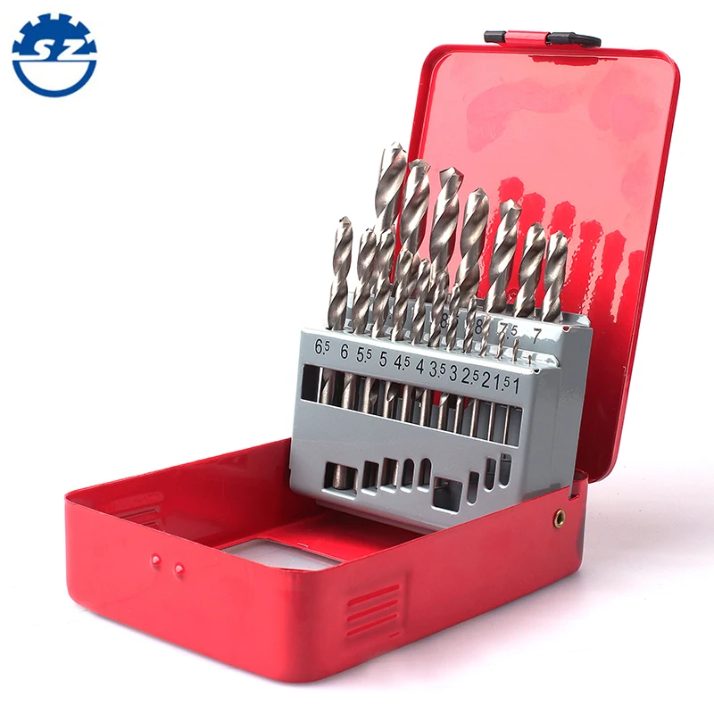 19pcs din 338 hss 4241 roll forged white finished straight shank drill bits set in metal box