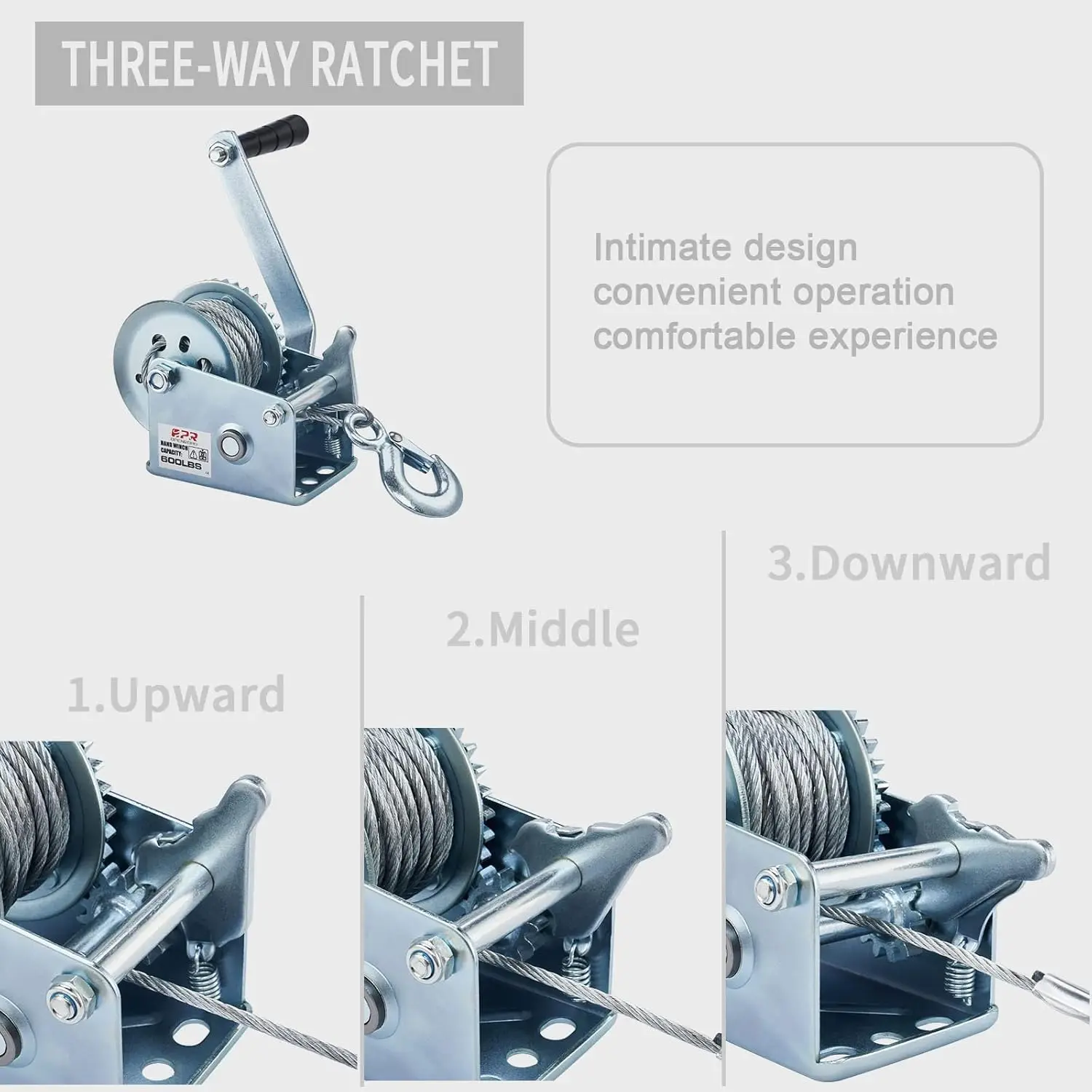 600lbs Hand Winch, Manual Winch Operated Two-Way Ratchet Boat Trailer Marine Winch
