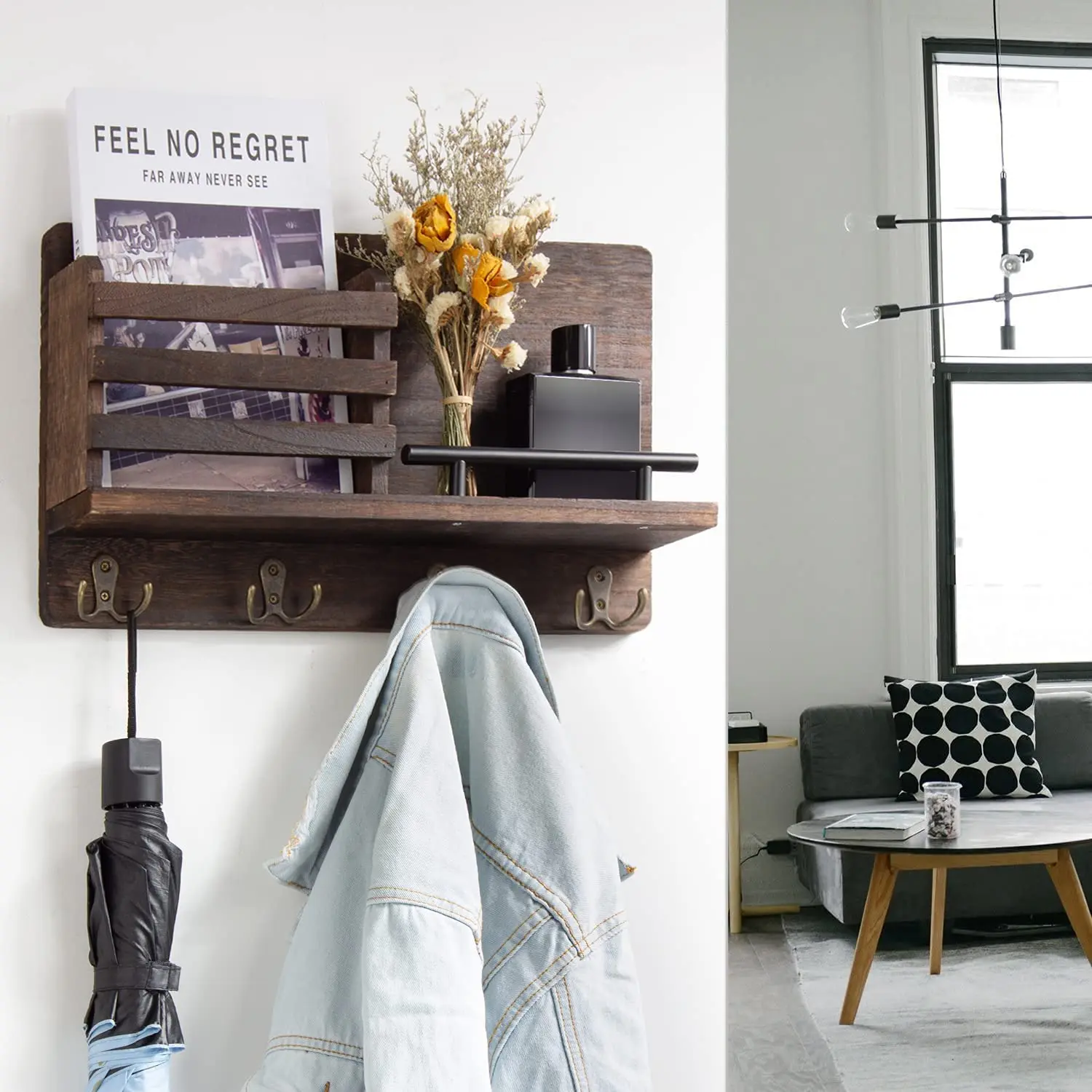 Wooden Mail and Key Holder for Wall Decorative  Rustic Wall Mounted Mail Organizer with 4 Double Key Hooks and 1 Mail Sorter - P