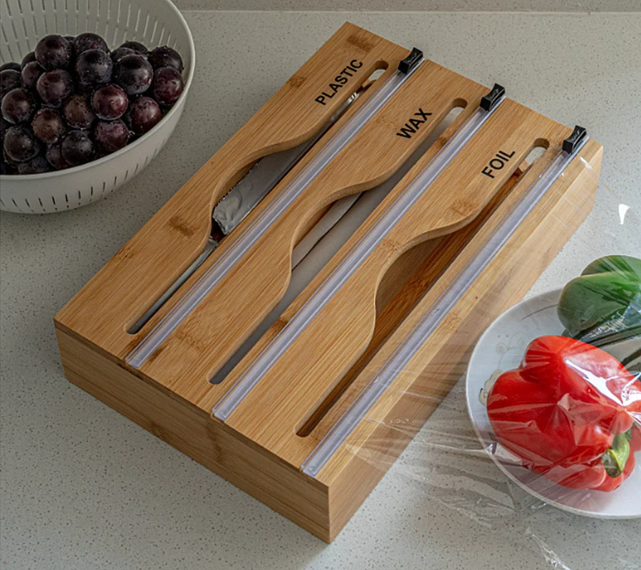 3 in 1 Bamboo Plastic Wrap Dispenser with Slide Cutter for Aluminum Foil, Cling Film, Parchment Paper